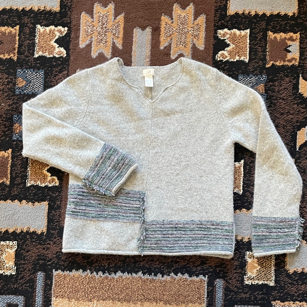 J. Jill Gray V-Neck Sweater with Multicolor Trim